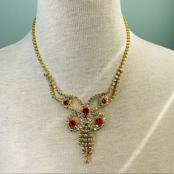 Ruby Butterfly Rhinestones Necklace - Picture 2 of 3